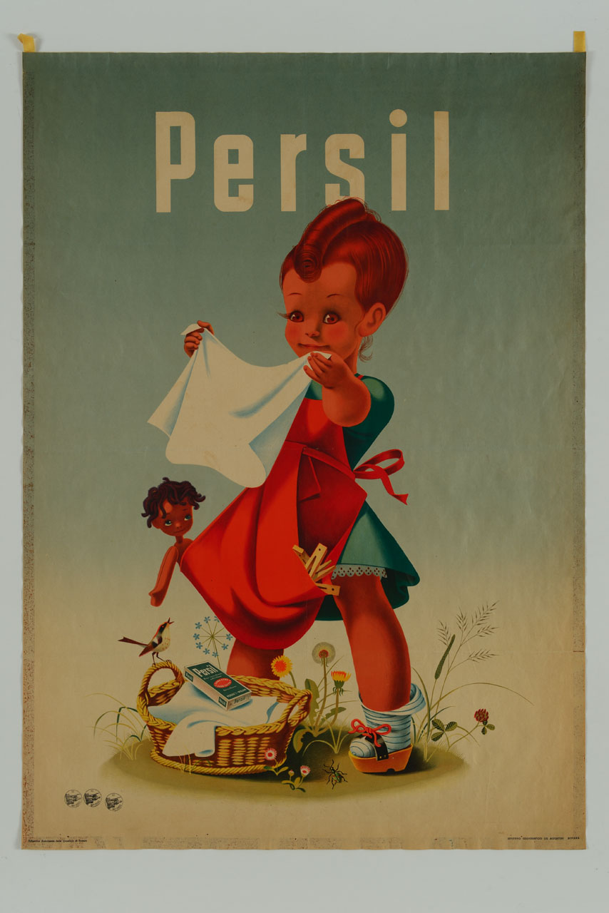 bambina con un cesto di panni puliti e confezione di detersivo per bucato (manifesto) - ambito italiano (sec. XX)