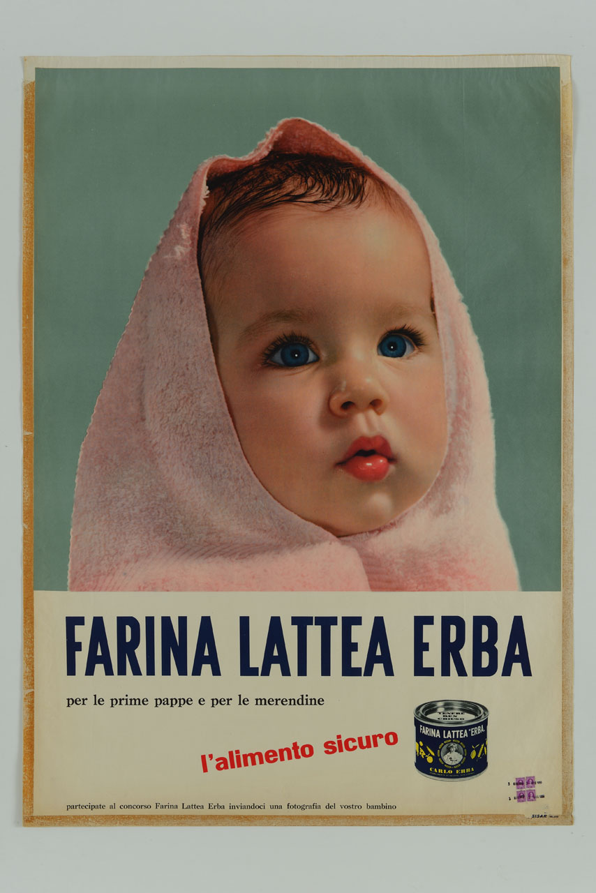 bambina con asciugamano attorno al volto e lattina contenente latte in polvere (manifesto) - ambito italiano (sec. XX)