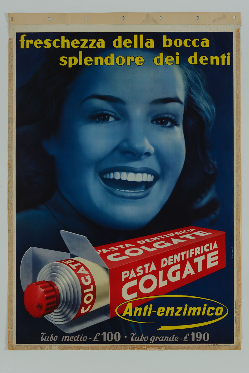figura femminile sorridente ed una confezione con un tubetto di dentrifricio (manifesto) - ambito italiano (sec. XX)