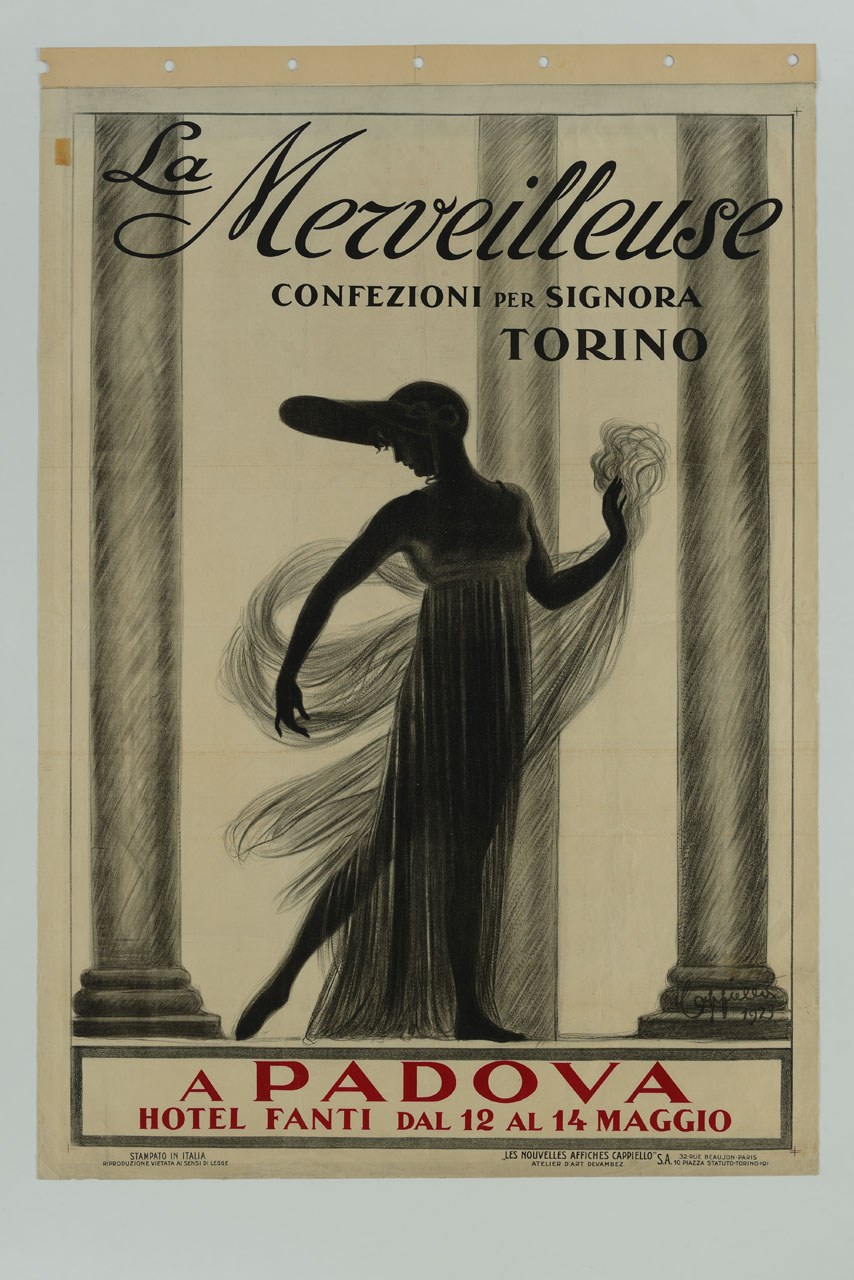 una donna con abito stile Impero in tessuto leggero e cappello a tesa larga sul danti si muova leggiadra tra alcune colonne reggendo con la mano destra un velo che scende sul dietro del vestito (manifesto) di Cappiello Leonetto (sec. XX)