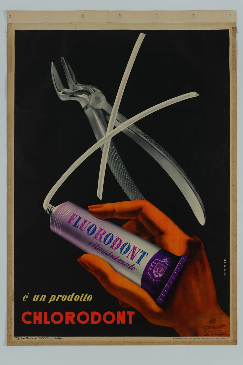 una pinza per estrazione dentale ed un tubetto di dentifricio che vi segna una X sopra (manifesto) - ambito italiano (sec. XX)