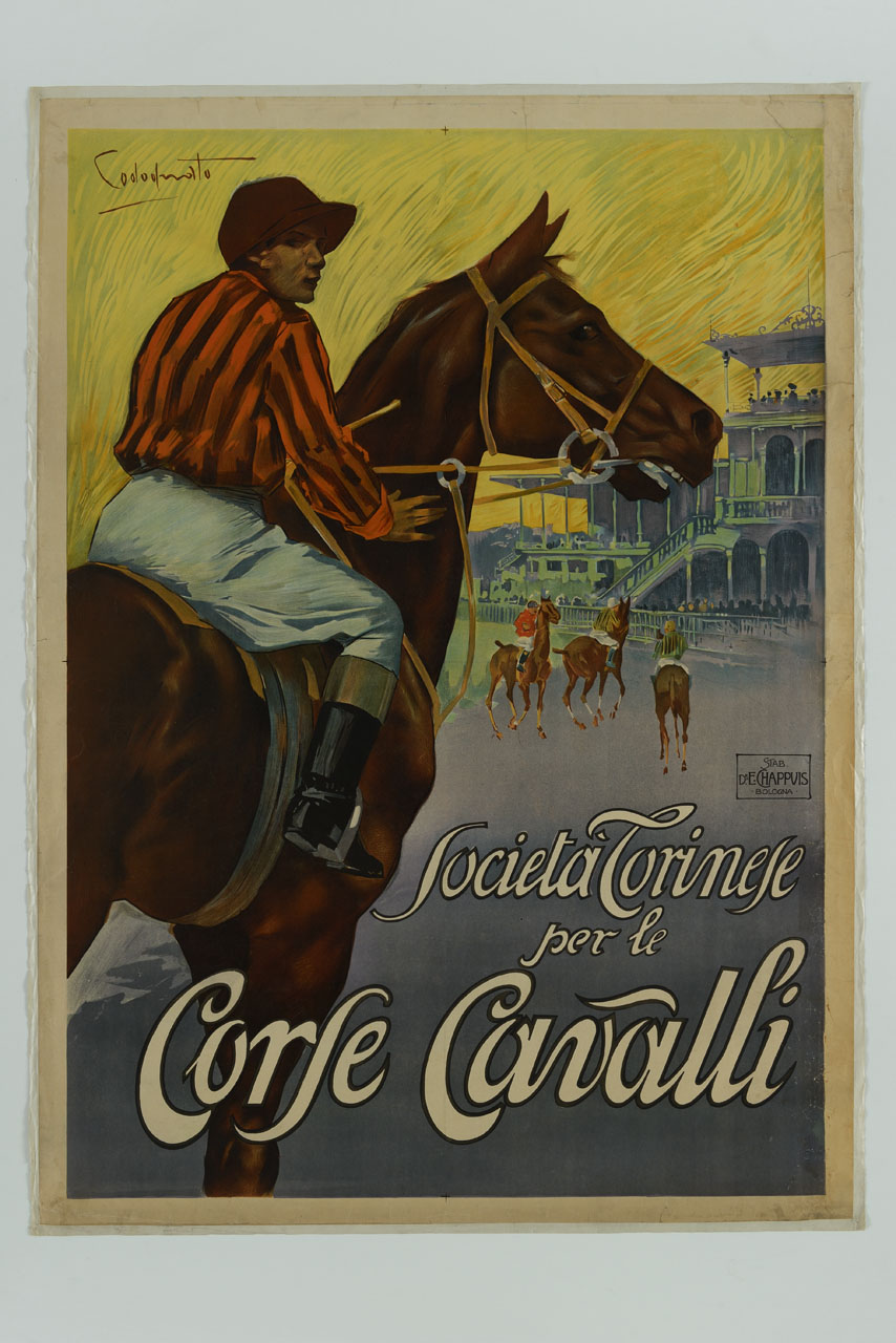 fantini in sella a cavalli sulla pista di un ippodromo (manifesto) di Codognato Plinio (sec. XX)