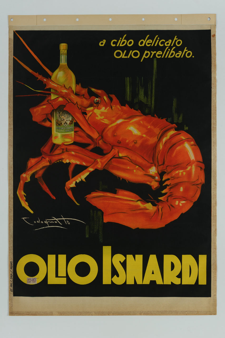 aragosta che stringe una bottiglia di olio d'oliva (manifesto) di Codognato Plinio (sec. XX)