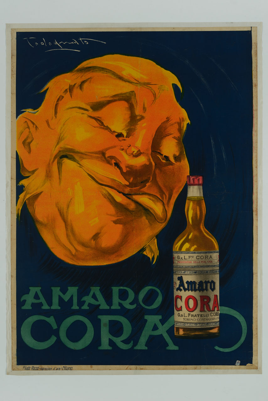 volto maschile che osserva avidamente una bottiglia di amaro (manifesto) di Codognato Plinio (sec. XX)