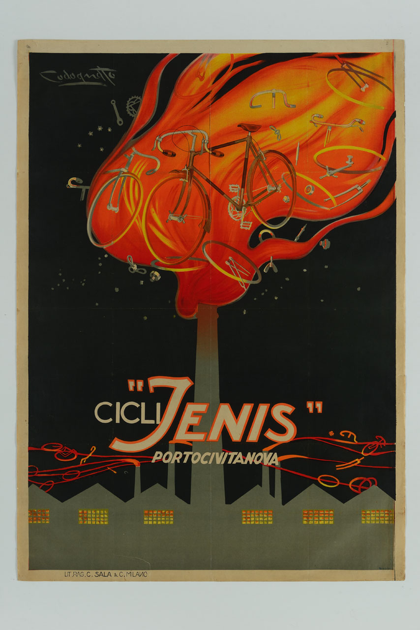 fabbrica di cicli Jenis con fumaioli da cui escono biciclette e componenti meccaniche (manifesto) di Codognato Plinio (sec. XX)