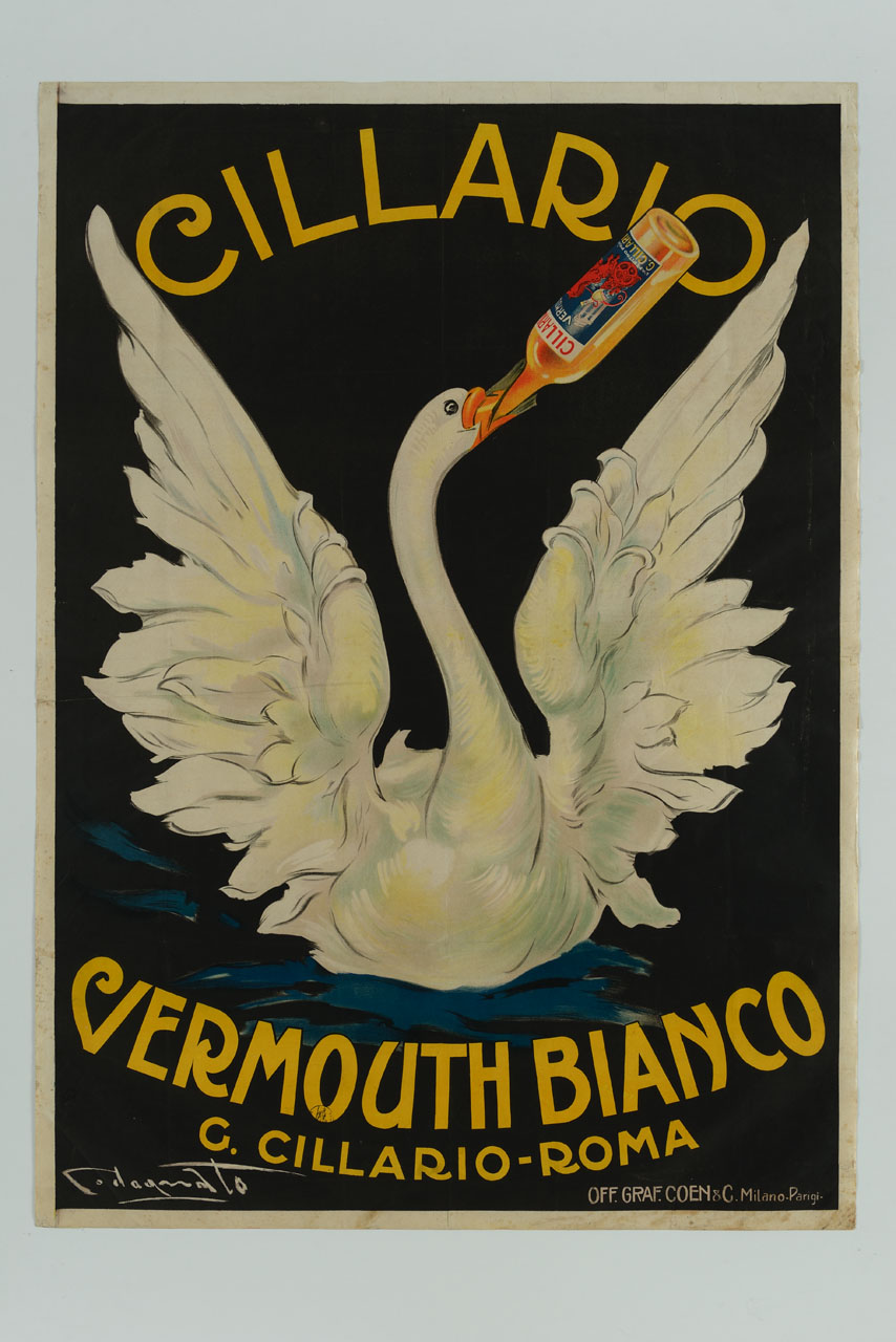 cigno con ali spiegate ed una bottiglia di vermut nel becco (manifesto) di Codognato Plinio (sec. XX)
