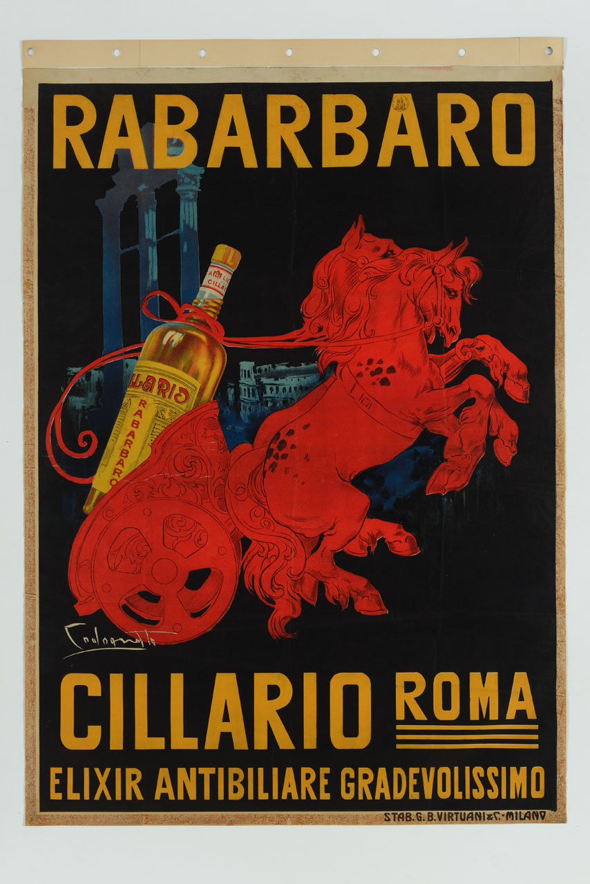 auriga, trainata da due cavalli, che trasporta una bottiglia di rabarbaro (manifesto) di Codognato Plinio (sec. XX)