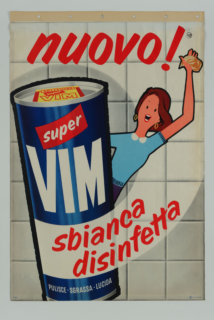 confezione di barattolo di detergente in polvere davanti ad una figura femminile e sullo sfondo una parete con piastrelle (manifesto) - ambito italiano (sec. XX)
