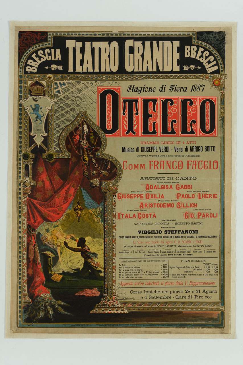 entro la finestra trifora di un castello, una tenda rossa scostata lascia intravedere la scena di Desdemona uccisa nel suo letto dal marito geloso Otello; in alto lo stemma della città di Brescia, a destra i riferimenti dell'opera di Verdi (manifesto) - ambito italiano (sec. XIX)