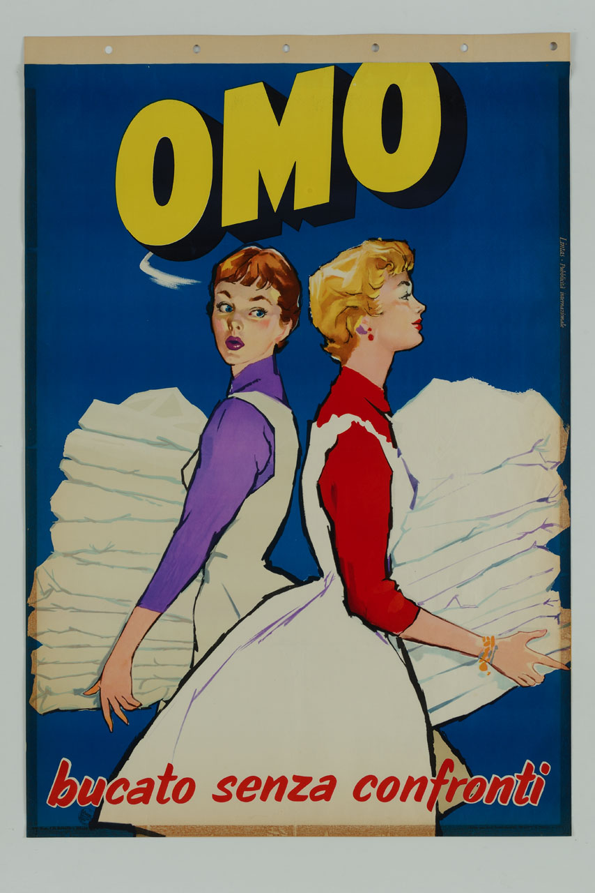 due figure femminili con gremibule, che si danno le spalle, con biancheria splendente e ingiallita (manifesto) - ambito italiano (sec. XX)