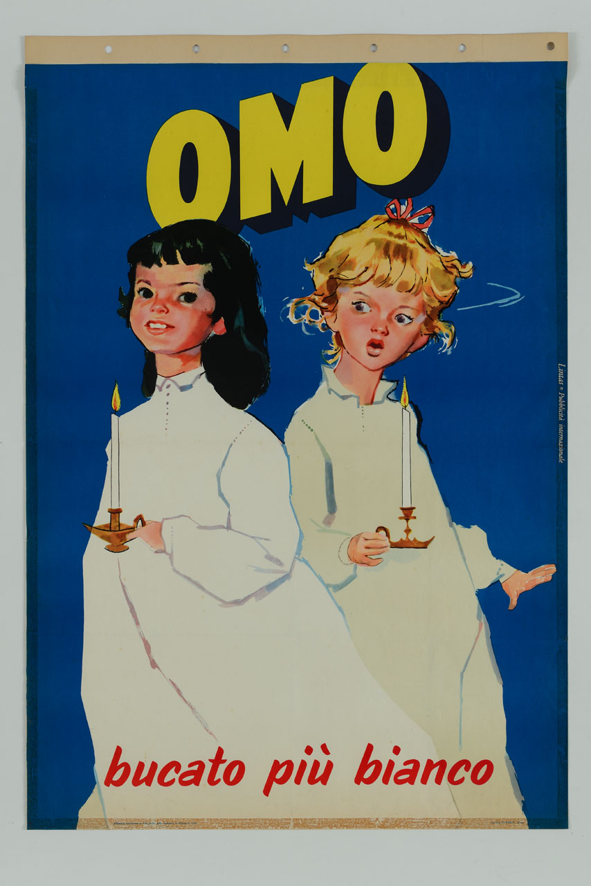 due bambine, con camicie da notte una più bianca dell'altra, che portano due bugie in mano (manifesto) - ambito italiano (sec. XX)