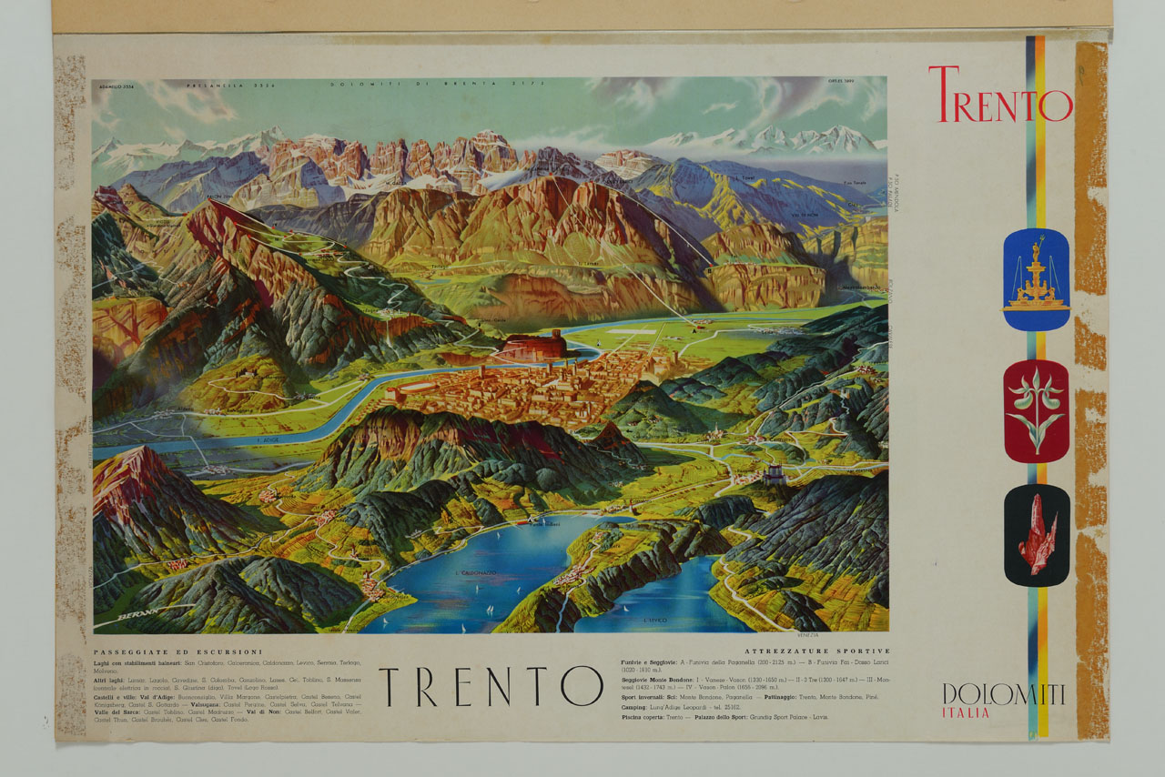 (recto) mappa panoramica di Trento e delle Dolomiti; (verso) vedute di piazze e monumenti di Trento con viste panoramiche di località turistiche trentine e in basso grafici con profili altimetrici (manifesto) di Berann Heinrich C (sec. XX)