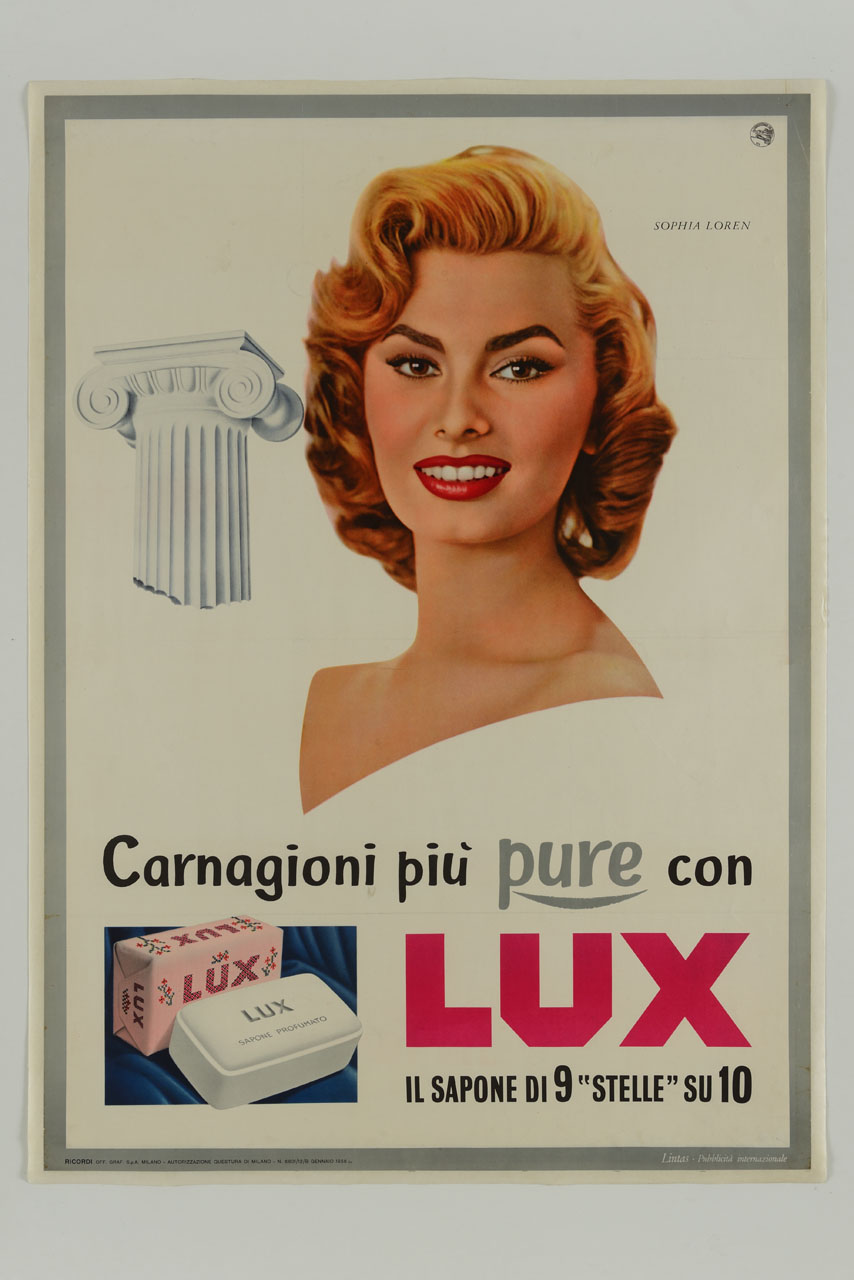 ritratto di Sophia Loren e due saponette Lux (manifesto) - ambito italiano (sec. XX)