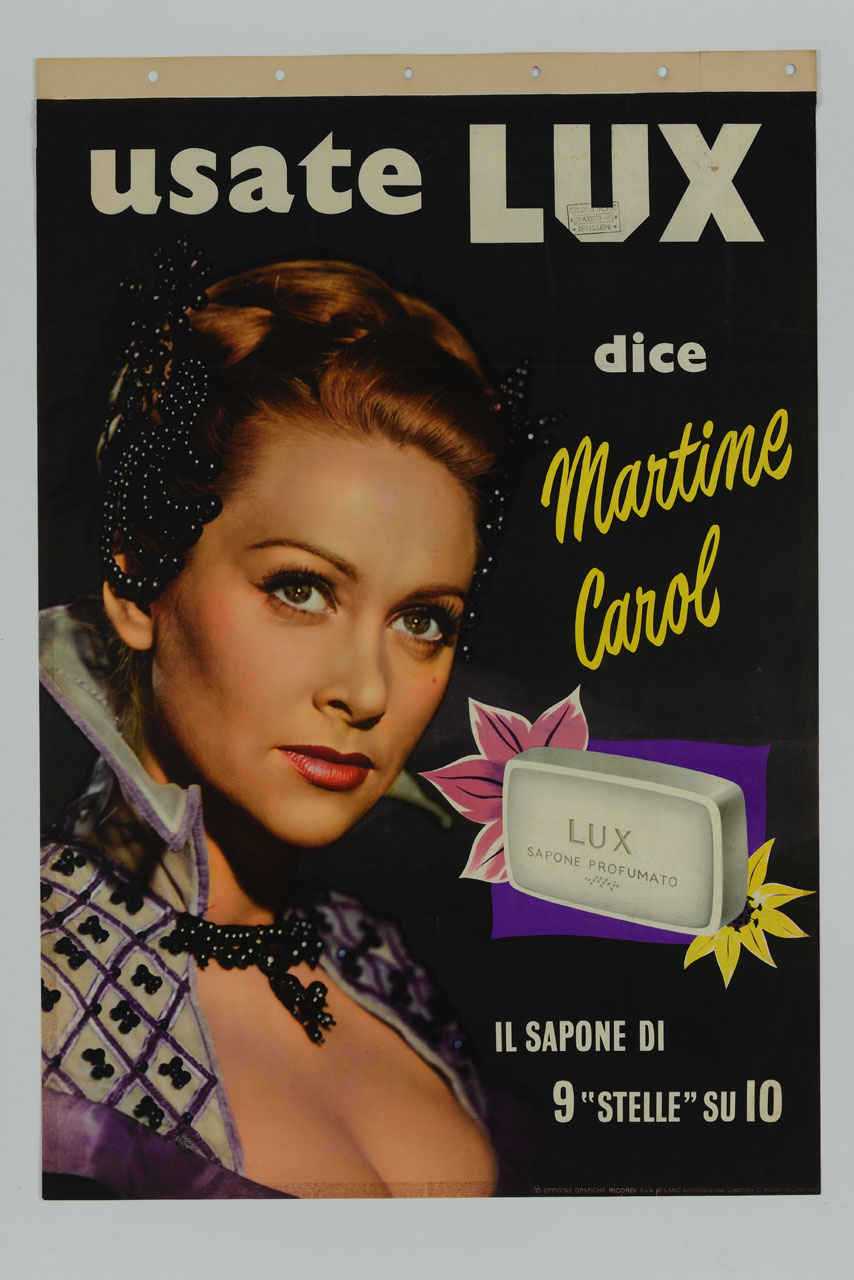 ritratto di Martine Carol e saponetta Lux (manifesto) - ambito italiano (sec. XX)
