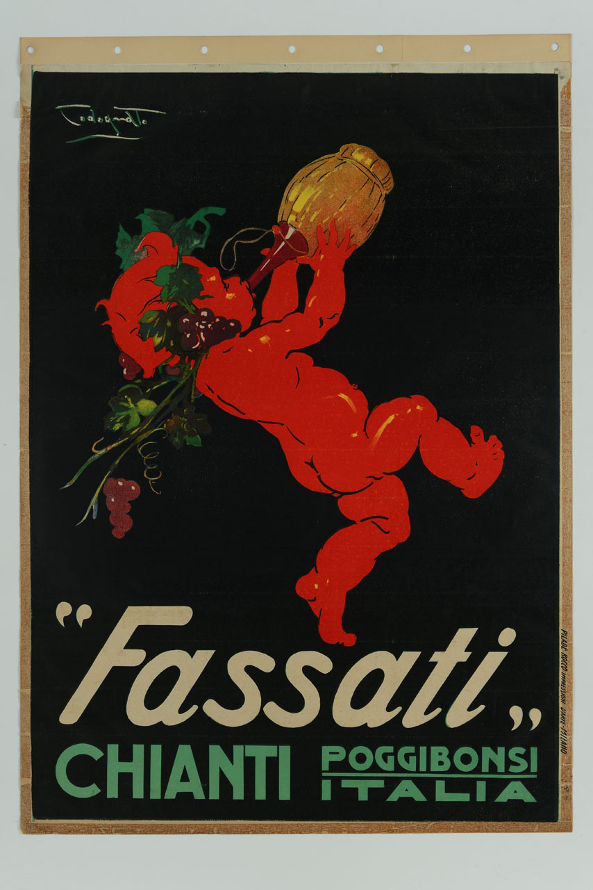 putto con capo adorno di viti e grappoli che beve un fiasco di vino rosso (manifesto) di Codognato Plinio (sec. XX)