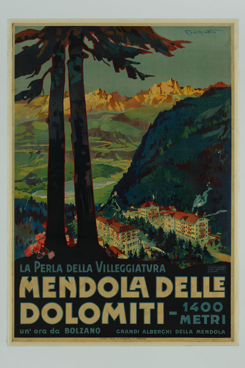 veduta di Passo Mendola, delle Dolomiti e del lago di Caldaro (manifesto) di Codognato Plinio (sec. XX)