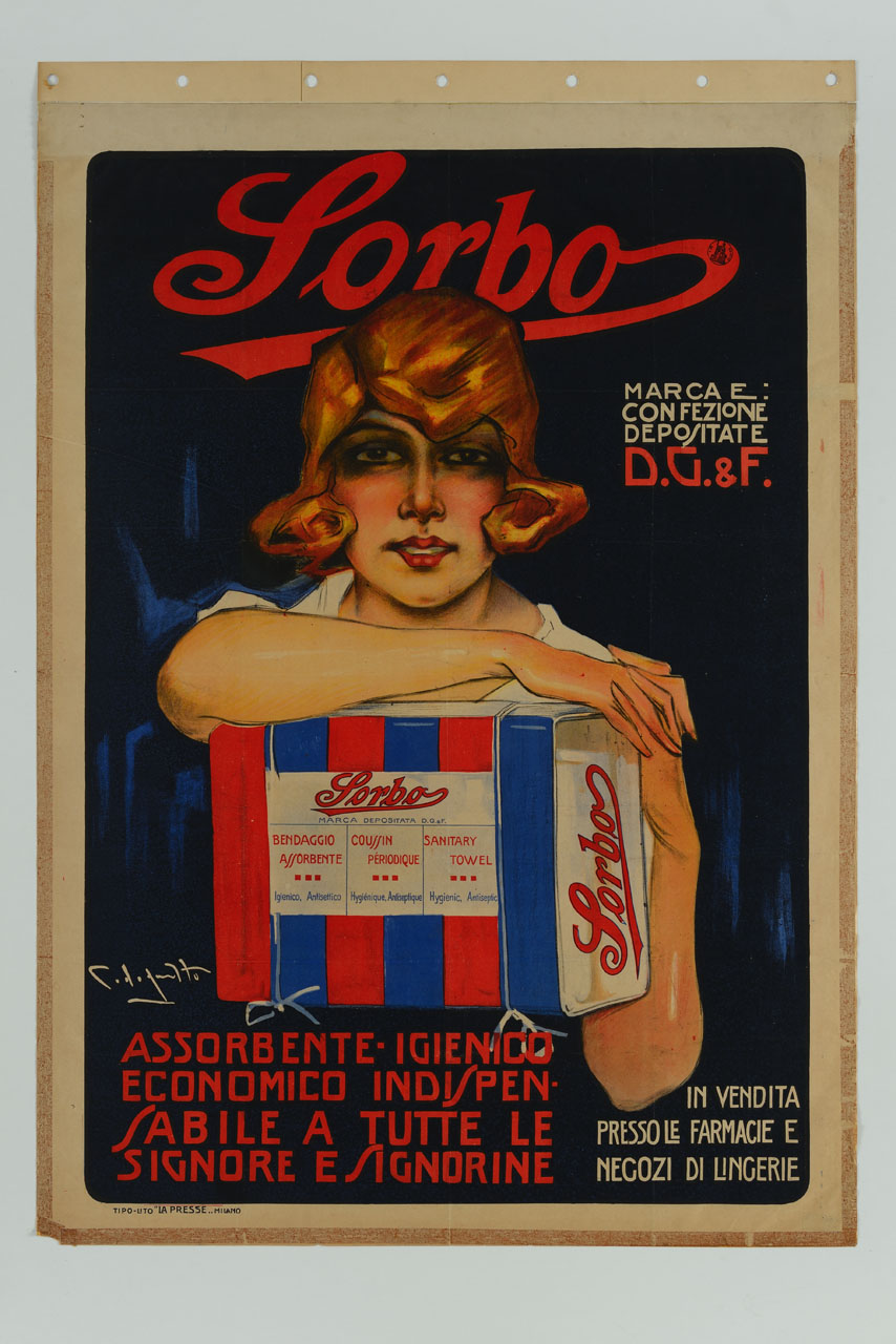 figura femminile con confezione di assorbenti igienici (manifesto) di Codognato Plinio (sec. XX)