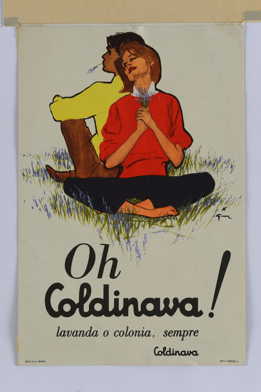 giovane coppia seduta in un prato con piante di lavanda (locandina) di Gruau René (sec. XX)