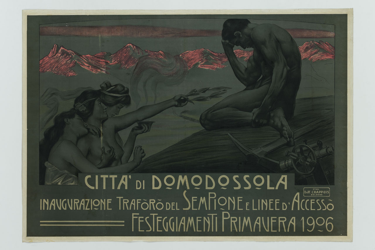 tre figure femminili nude offrono doni a un uomo nudo accovaciato con la testa sorretta dal suo braccio destro; vicino a lui alcuni strumenti del minatore; alle sua spalle il treno corre verso le Alpi per raggiungere il traforo del Sempione (manifesto) - ambito italiano (sec. XX)