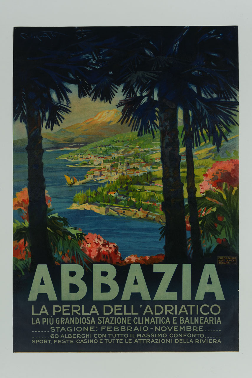 veduta della costa adriatica con Abbazia, attraverso palme e fiori (manifesto) di Codognato Plinio (sec. XX)
