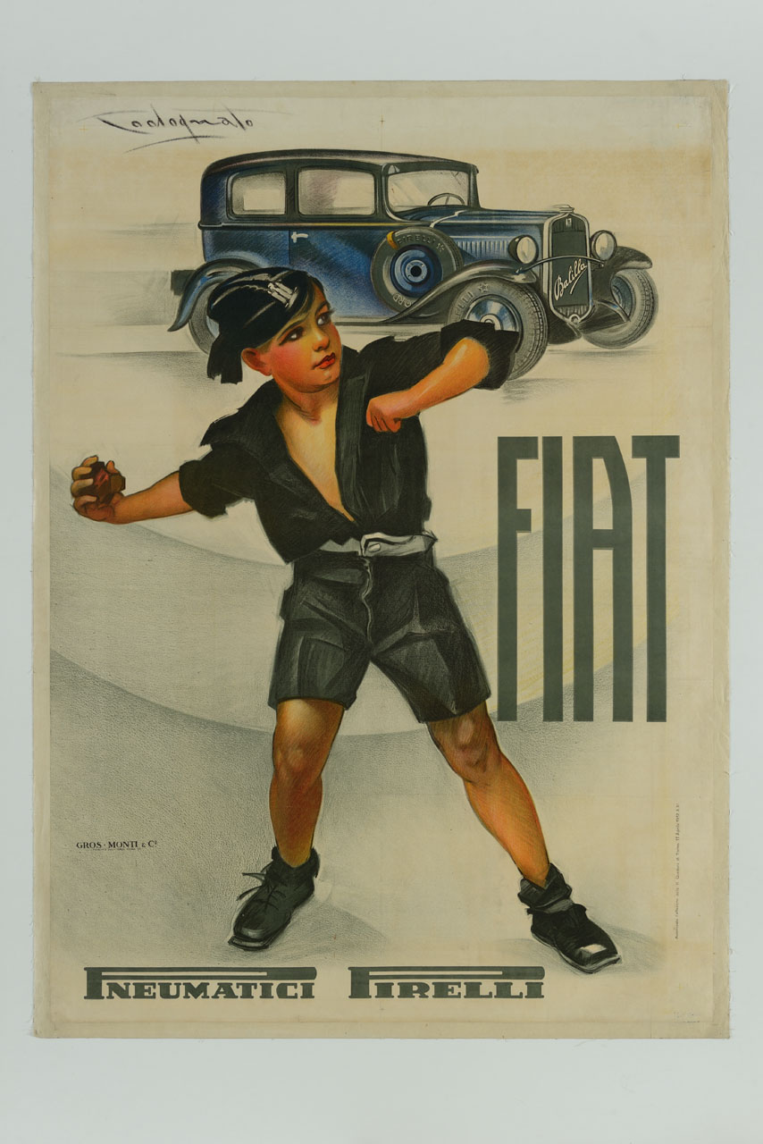 un Balilla in divisa che scaglia una pietra davanti ad una vettura Fiat (manifesto) di Codognato Plinio (sec. XX)