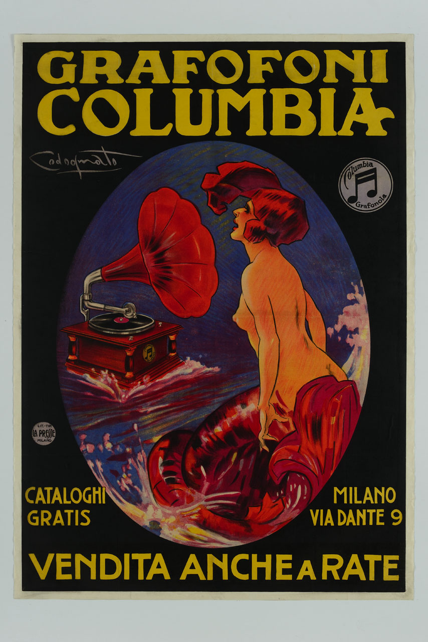 sirena che canta rivolta verso un grafofono (manifesto) di Codognato Plinio (sec. XX)