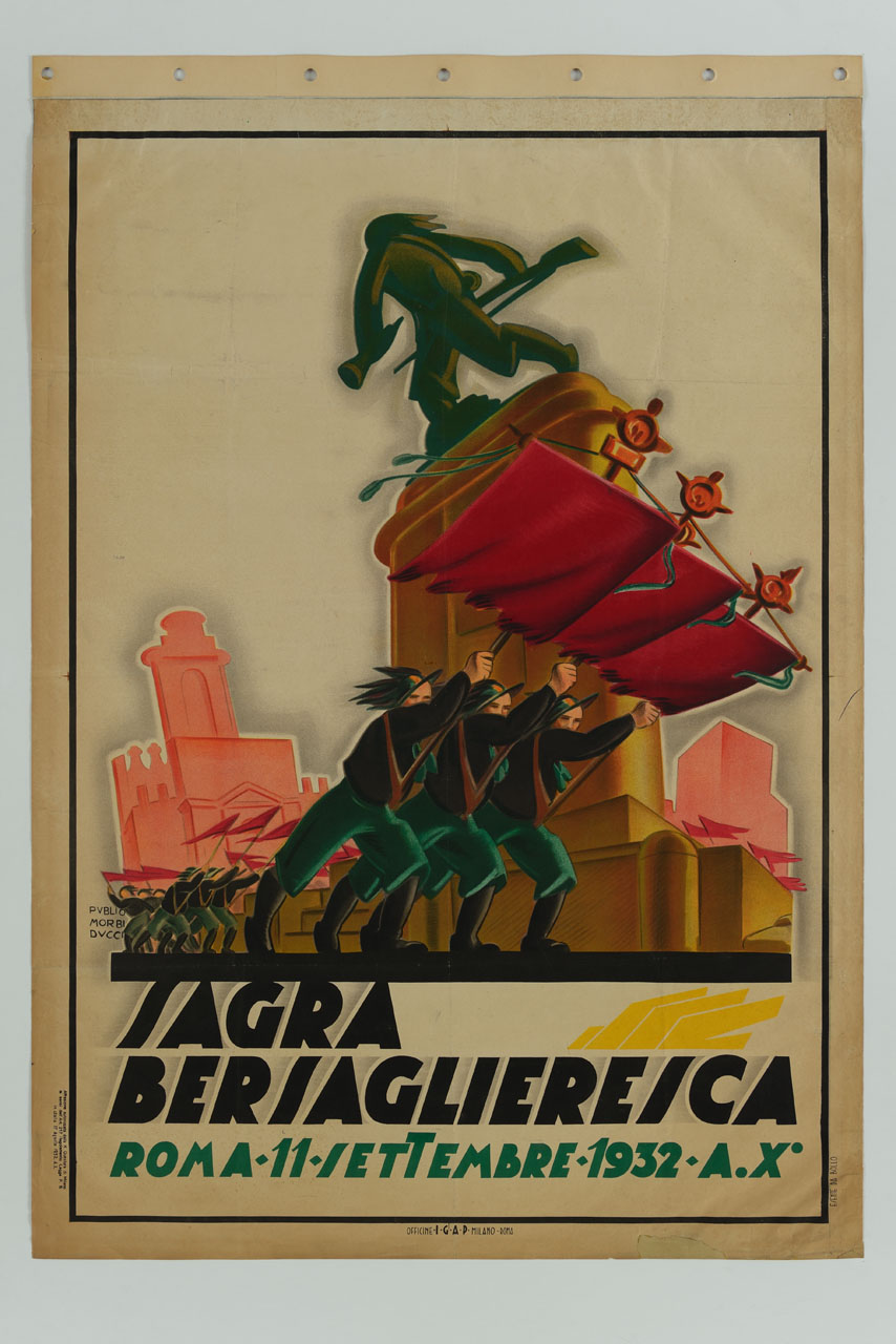 bersaglieri corrono con il labaro dell'Arma a fianco del Monumento al Bersagliere in Piazza Porta Pia (manifesto) di Morbiducci Publio (sec. XX)