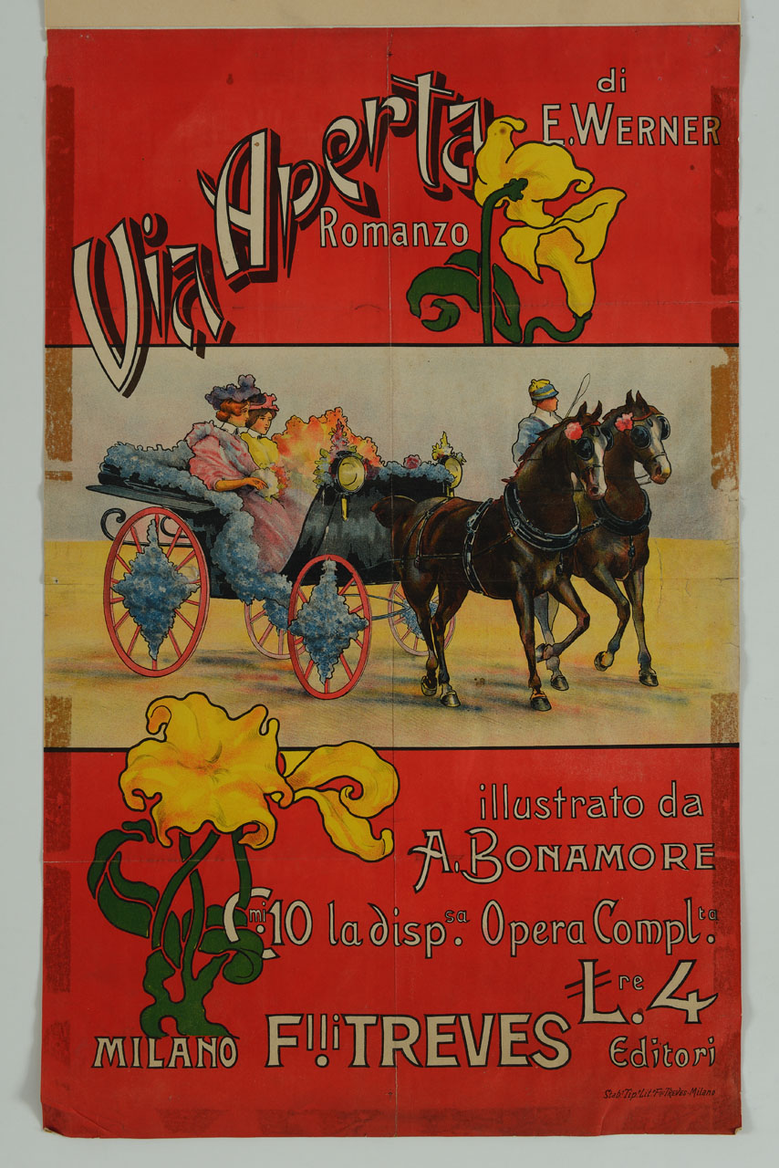 donne in carrozza decorata con fiori (manifesto) - ambito italiano (fine/ inizio sec. XIX - XX)