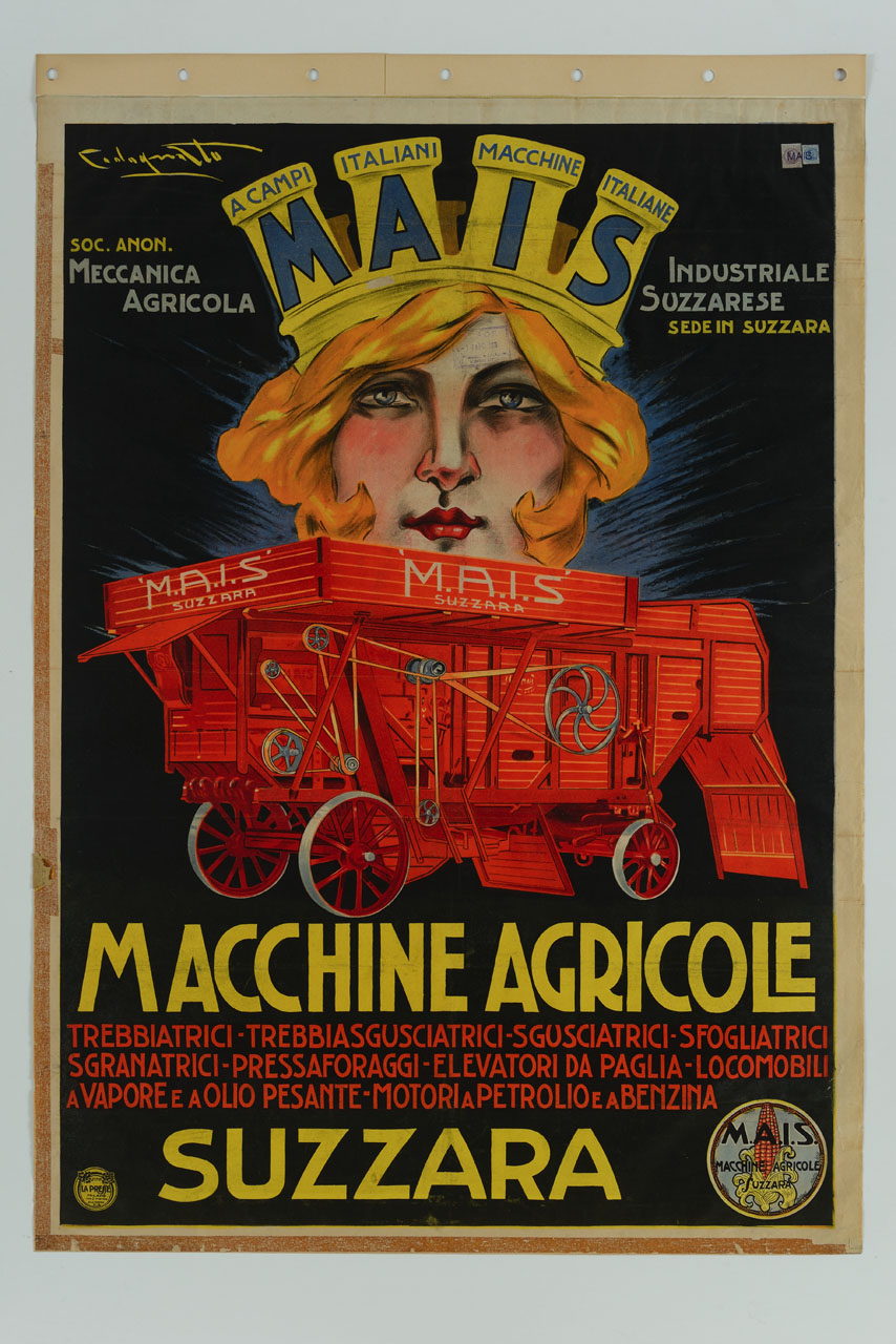 volto femminile coronato ed una trebbiatrice (manifesto) di Codognato Plinio (sec. XX)