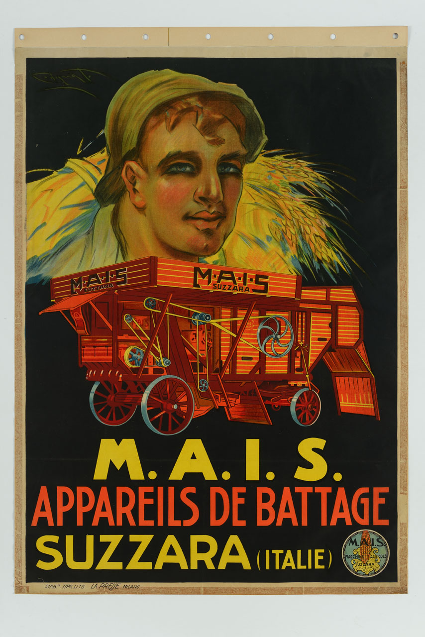 volto di contadino con fascine di grano in spalla davanti ad una trebbiatrice (manifesto) di Codognato Plinio (sec. XX)