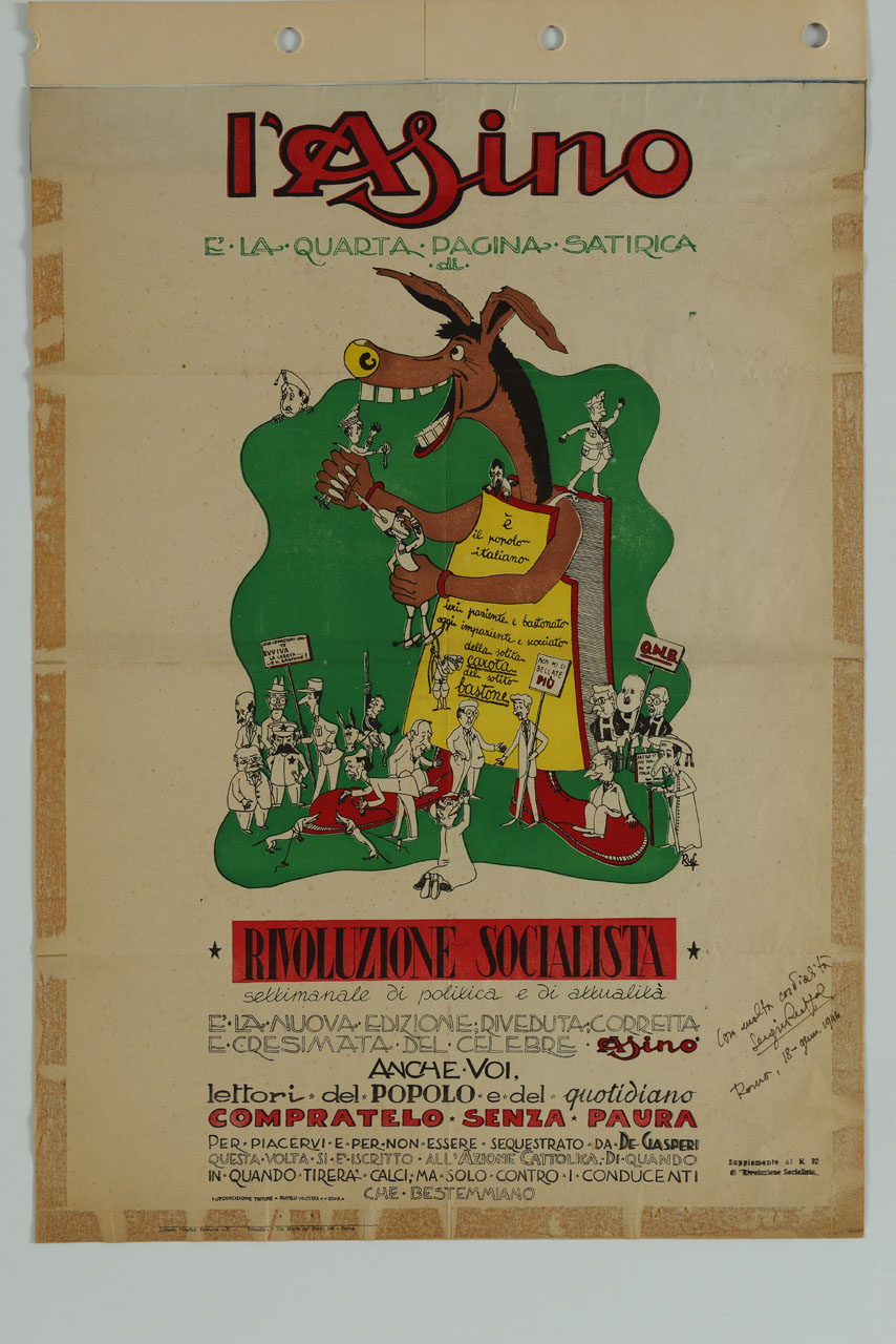 caricatura di un asino che indossa un cartellone di protesta e divora personaggi caricatura di militari e uomini politici (manifesto) di Ruffolo Sergio (sec. XX)