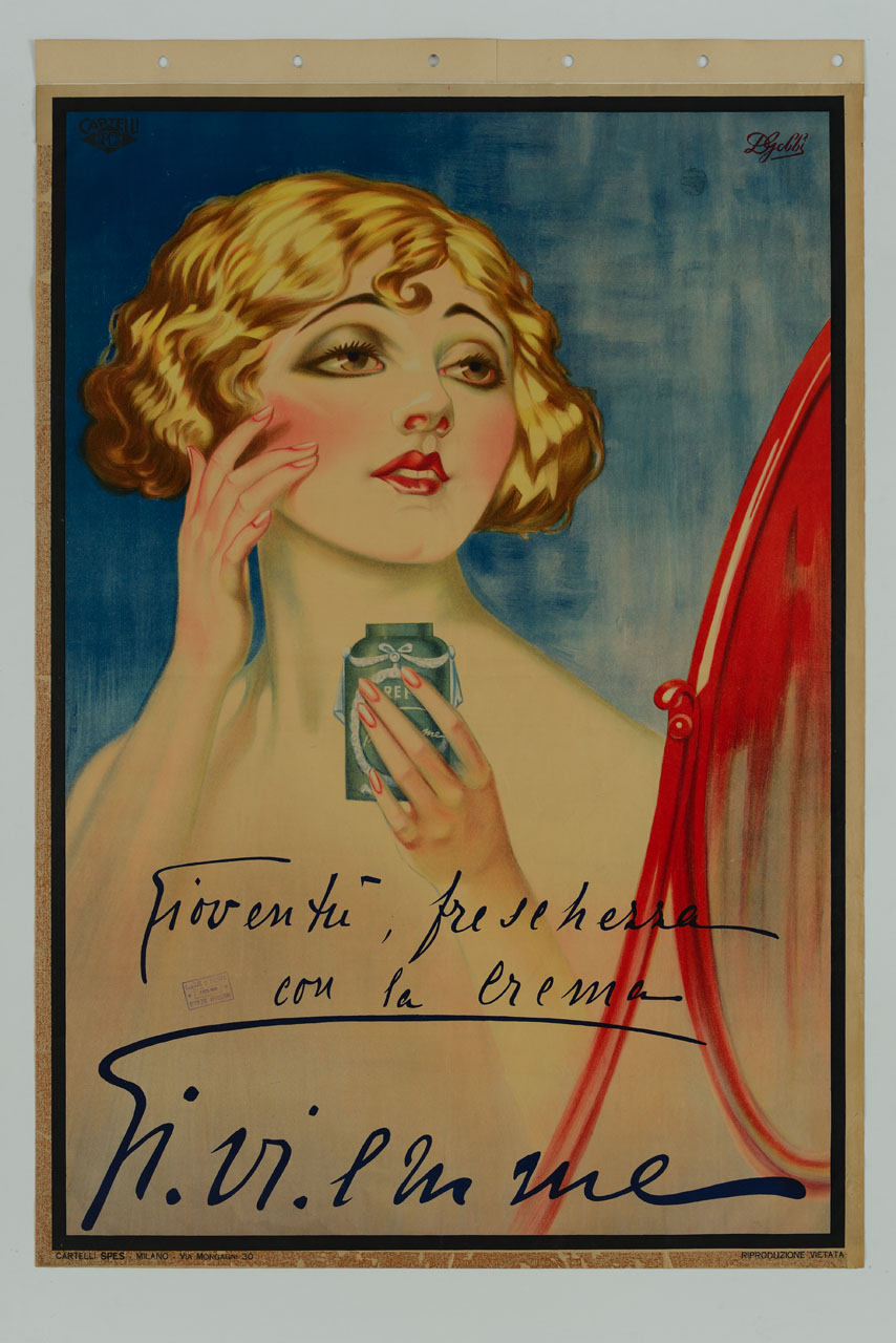 figura femminile difronte ad uno specchio con una boccetta di crema in mano (manifesto) di Gobbi Alpenore (sec. XX)