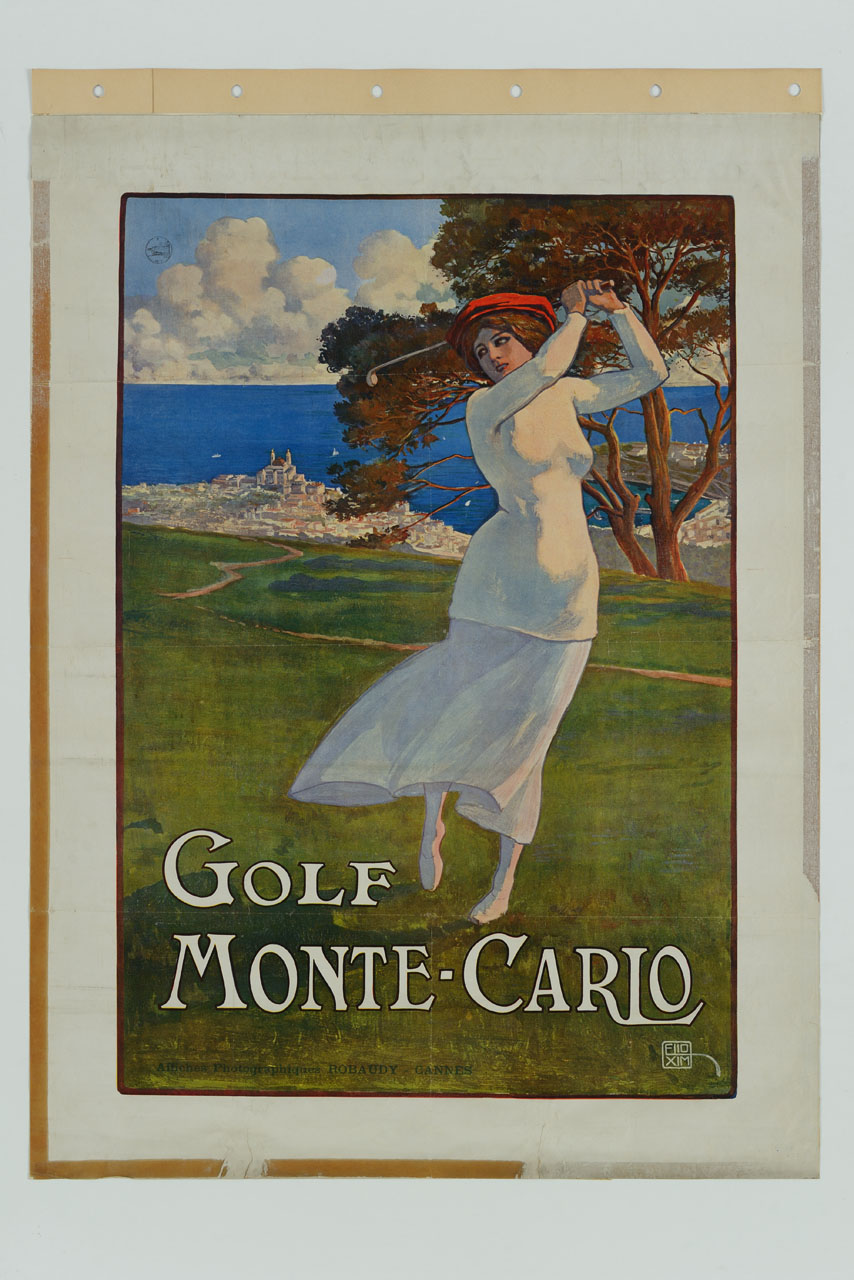 figura femminile intenta nel gioco del golf e alle sue spalle Monte Carlo (manifesto) di Ximenes Elio Ettore (sec. XX)