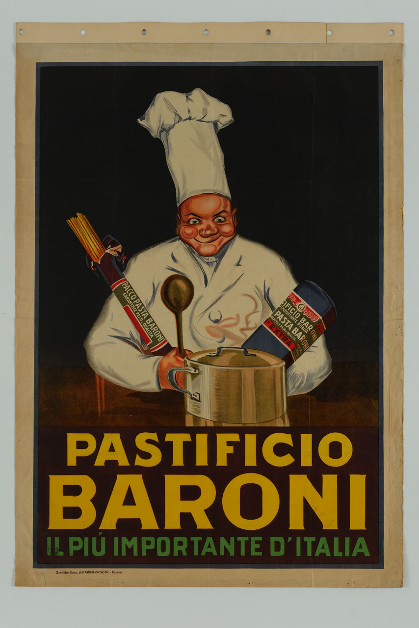 cuoco con ramaiolo e confezioni di pasta davanti ad una pentola (manifesto) - ambito italiano (sec. XX)