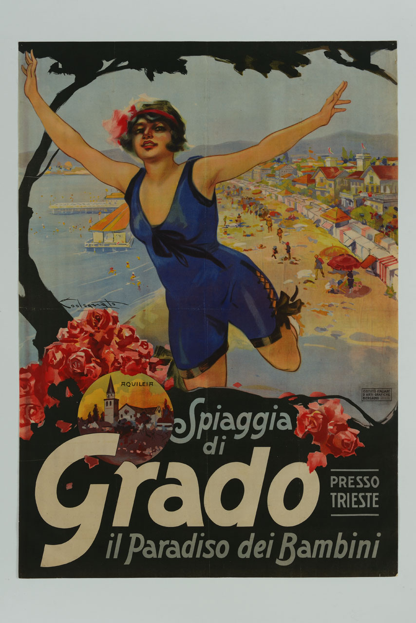 figura femminile davanti alla spiaggia di Grado e riquadro con la basilica di Aquileia (manifesto) di Codognato Plinio (sec. XX)