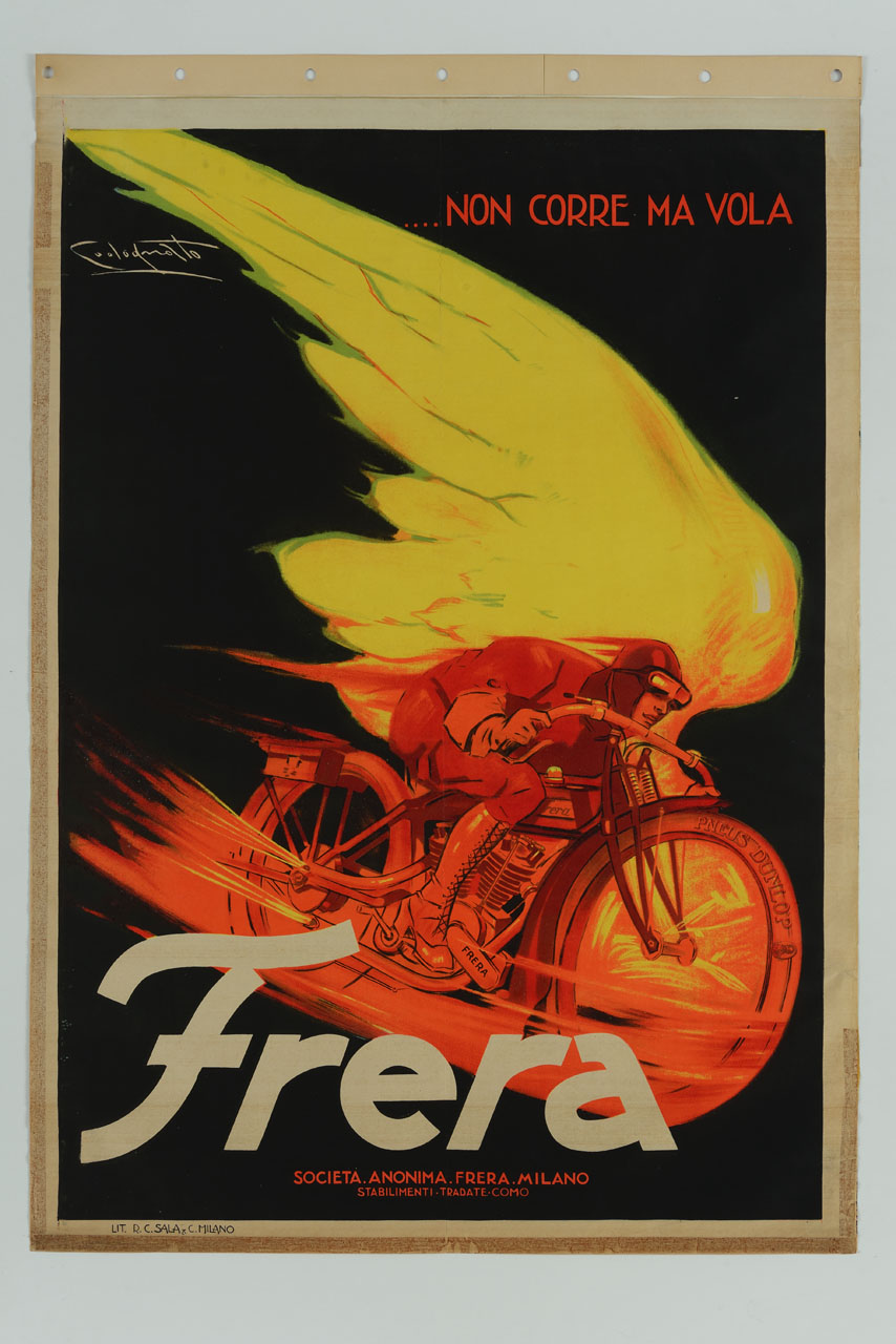 motociclista che sfreccia sovrastato da ali (manifesto) di Codognato Plinio (sec. XX)