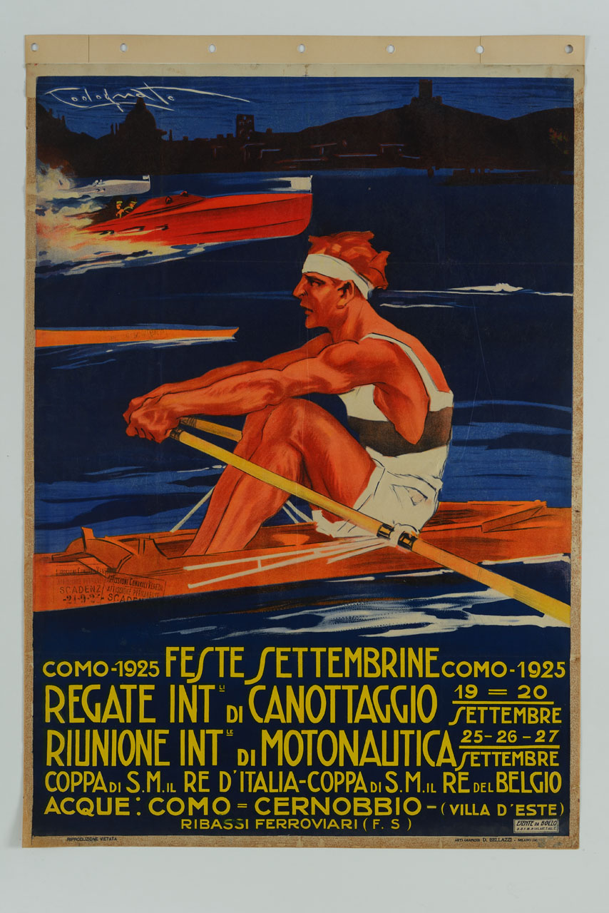 canoa e motoscafi sul lago di Como (manifesto) di Codognato Plinio (sec. XX)