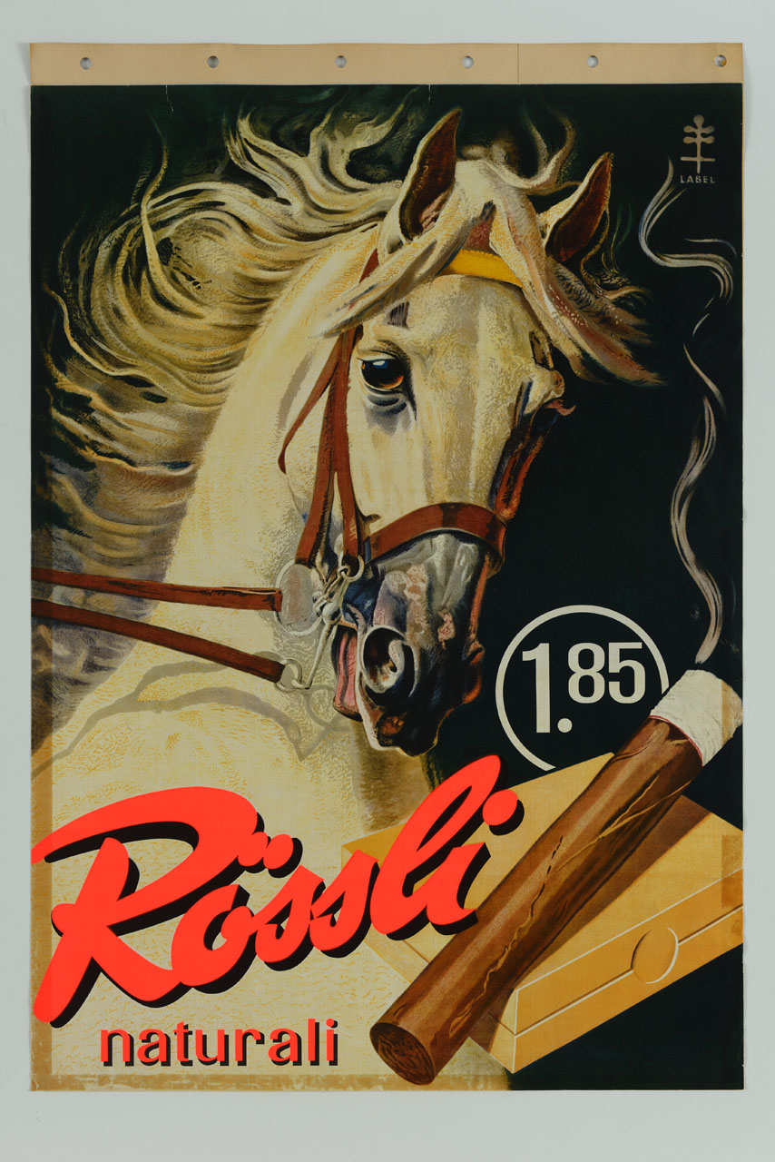 un sigaro acceso e la sua scatolina in legno davanti alla testa di un cavallo bianco in corsa con la bocca sempiaperta e la criniera svolazzante all'aria (manifesto) - ambito svizzero (sec. XX)