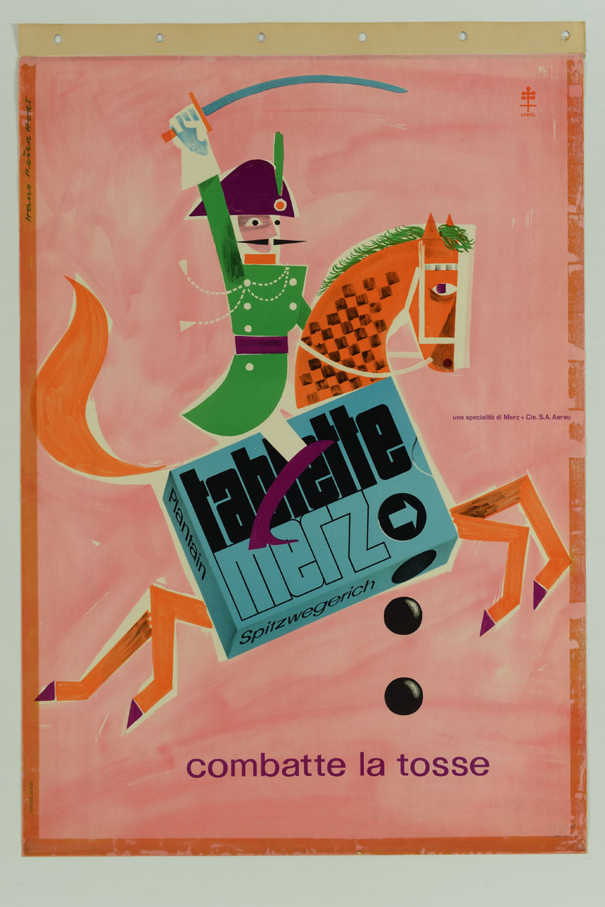 una scatola di confetti per la tosse Merz forma il corpo di un destriero a disegno stilizzato, sopra il quale siede una guarda che innalza la sciabola (manifesto) di Hort Hans Peter (sec. XX)