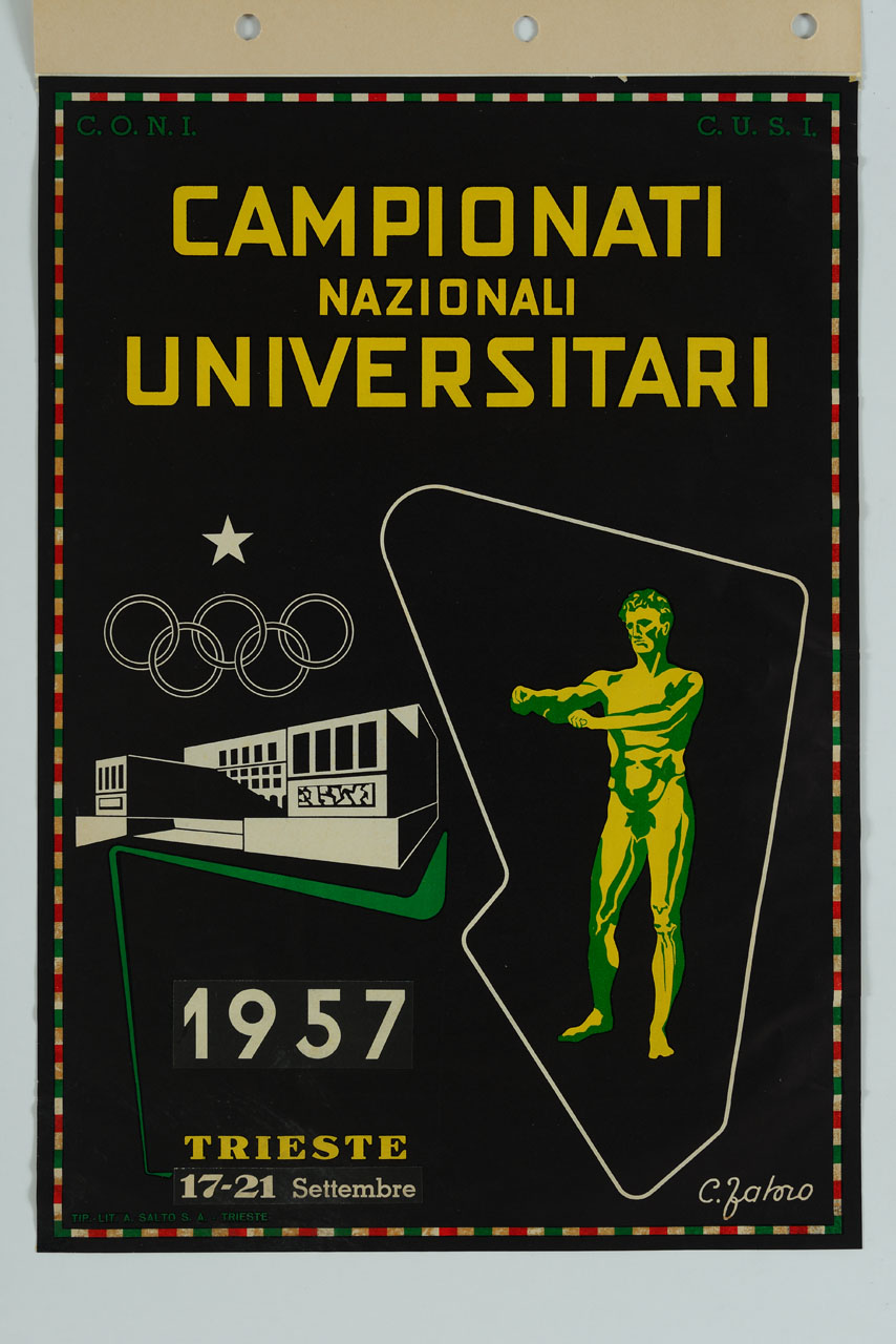 edificio principale dell'Università di Trieste con Apoxyómenos e simbolo del CONI (manifesto) di Fabro C - ambito italiano (sec. XX)