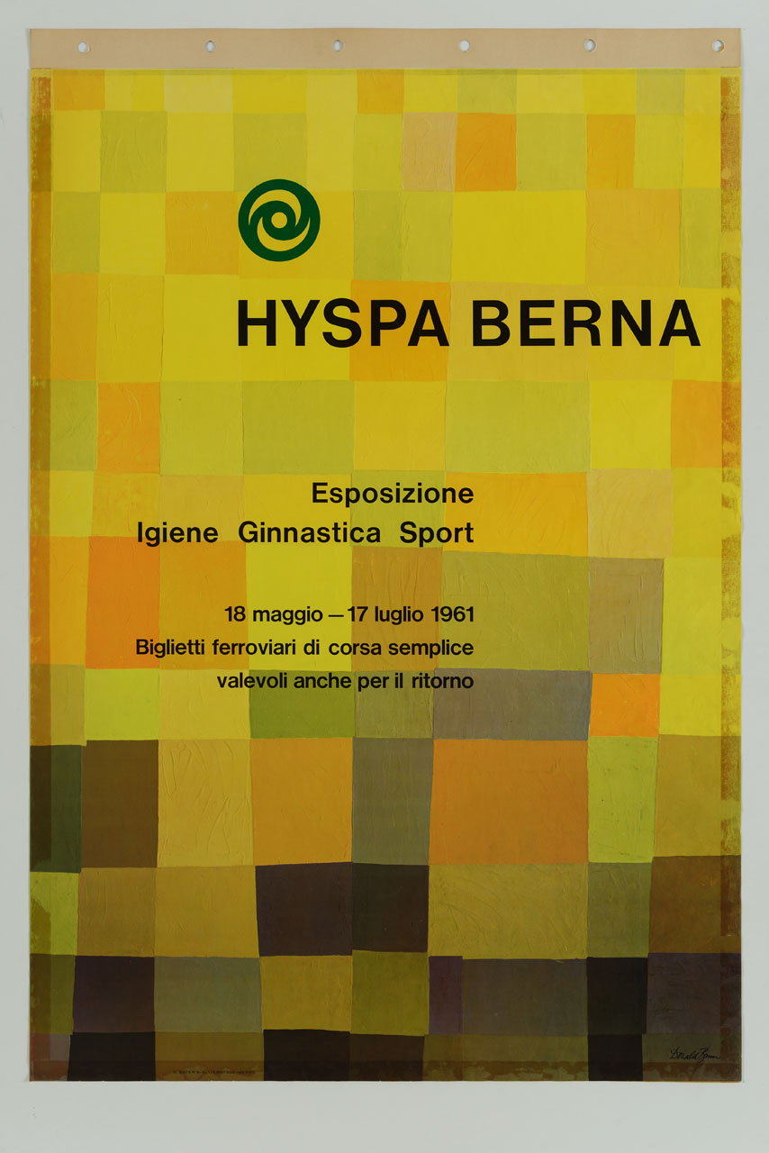 dipinto astratto formato da quadrati di vari colori su toni del giallo, ocra, arancione, marrone, verde e viola, probabilmente ispirato alle opre di Richard Paul Lohse (manifesto) di Brun Donald (sec. XX)
