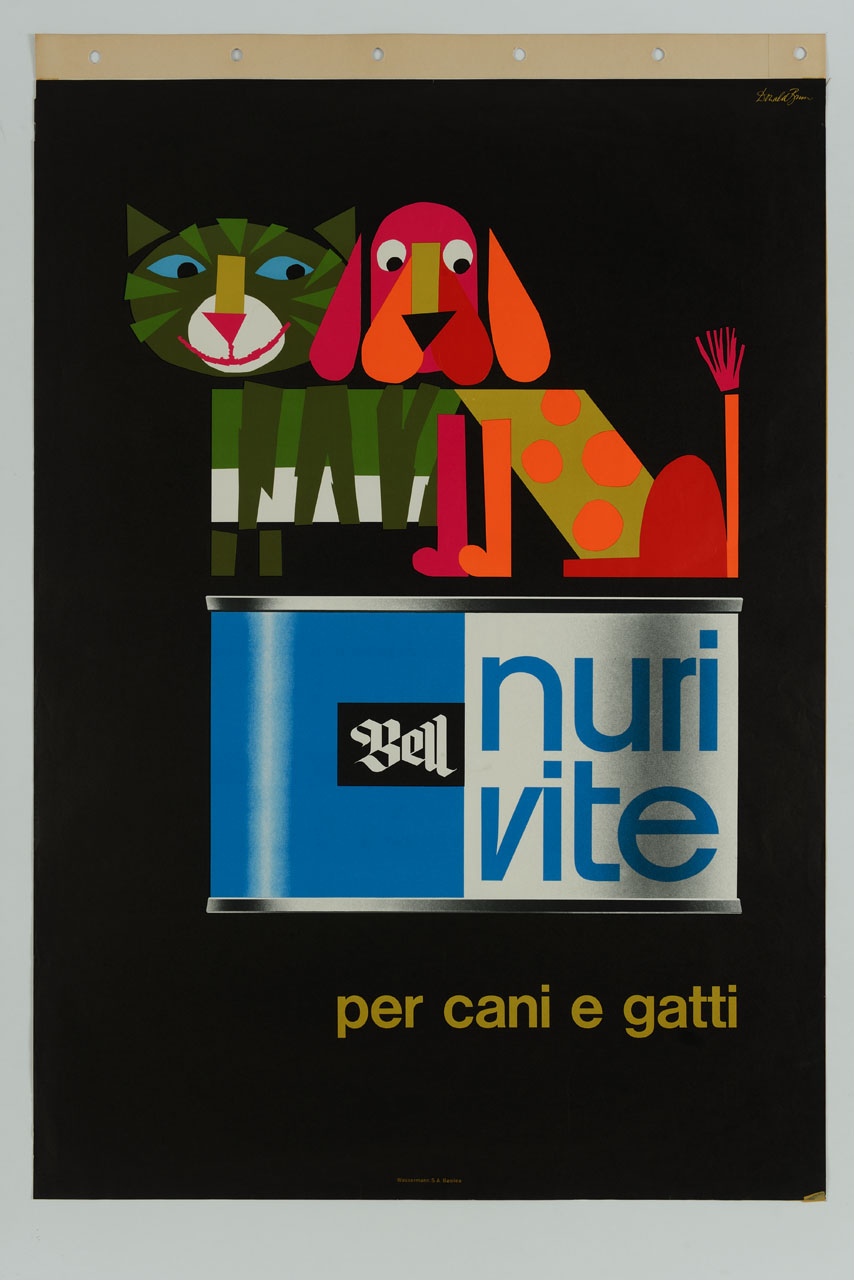 un gatto verde e un cane rosso disegnati sopra una scatoletta di cibo per animali (manifesto) di Brun Donald (sec. XX)