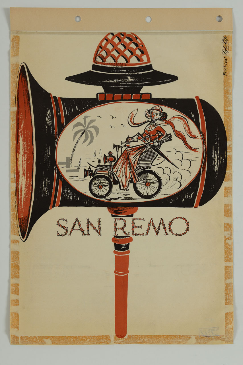 grande clacson con all'interno donna con cappello su antico modello di autovettura sul lungomare di Sanremo (manifesto) di Pecchioni Leo (sec. XX)
