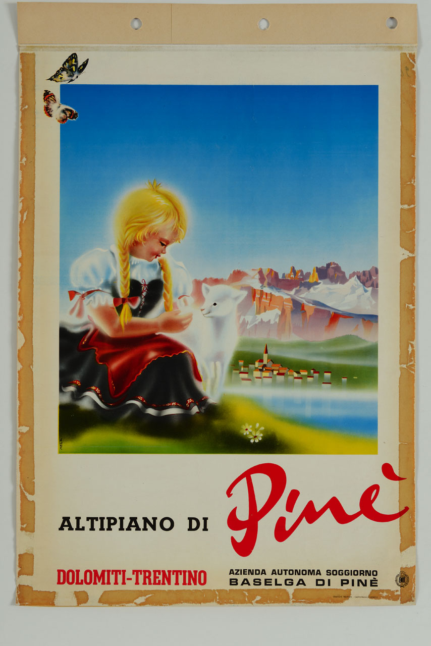 bambina in dirndl tirolese con agnellino bianco e vista panoramica su centro abitato con montagne (manifesto) di Melis Melkiorre (sec. XX)