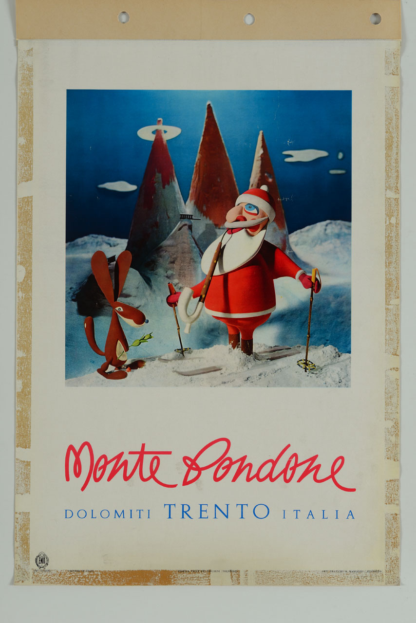Babbo Natale sciatore con renna; Dolomiti e monte Bondone sul fondo (manifesto) - ambito italiano (sec. XX)