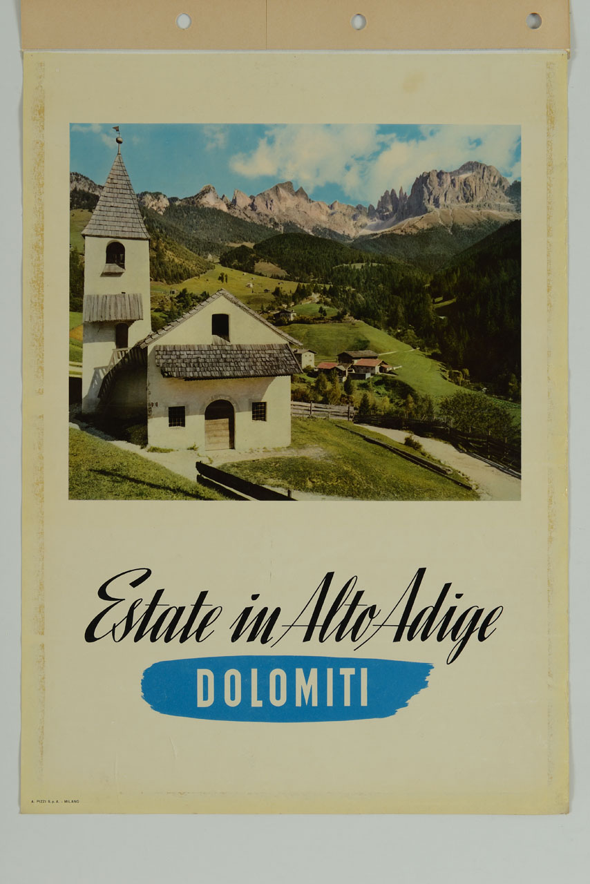 veduta della chiesetta di S. Cipriano con vallata e gruppo del Catenaccio sul fondo (manifesto) - ambito italiano (sec. XX)