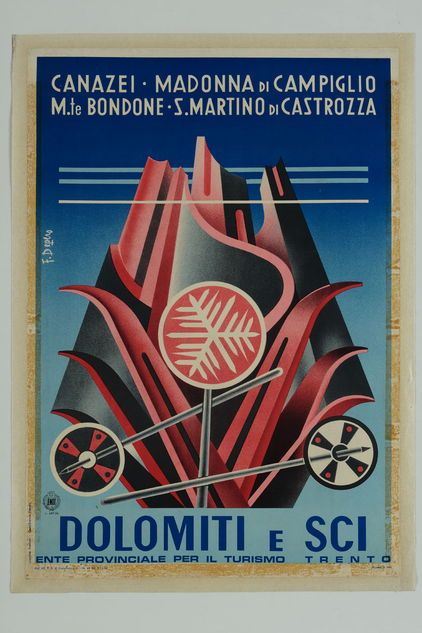 raffigurazione artistica delle Dolomiti con sci rossi e racchette da sci (manifesto) di Depero Fortunato (sec. XX)
