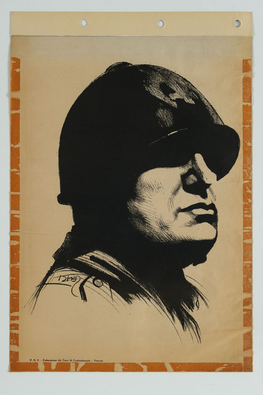 viso di Mussolini con elmo e divisa (manifesto) - ambito italiano (sec. XX)