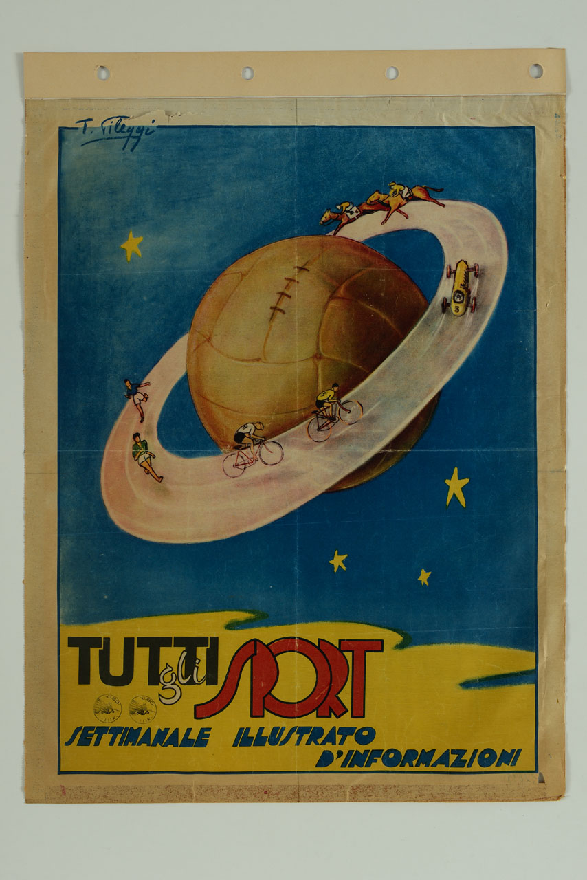 pianeta a forma di pallone, sul cui satellite alcune persone fanno diversi sport (manifesto) di T Fileggi - ambito italiano (sec. XX)