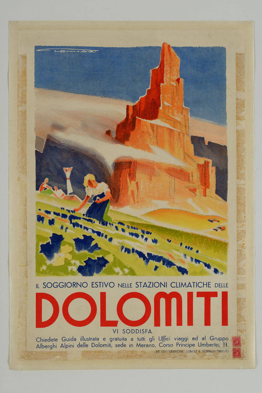 gruppo di giovani su prato alpino con ragazza che raccoglie fiori; monte Cimone sul fondo (manifesto) di Lenhart Franz (sec. XX)